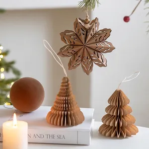 Three-piece eco-friendly kraft paper honeycomb Christmas tree and snowflake ornaments