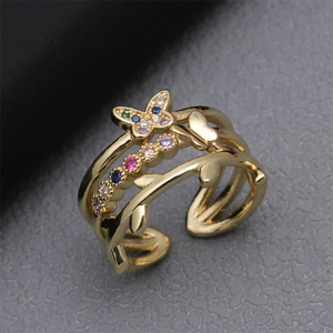 Bague ajustable dorée motif papillon et fleurs sertie de zircons colorés brillants