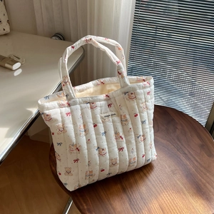White quilted cotton tote bag with cute cartoon bear and cat patterns for daily use