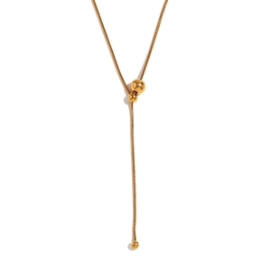 Minimalist 18K gold-plated Y-shaped snake chain necklace with beads on white background