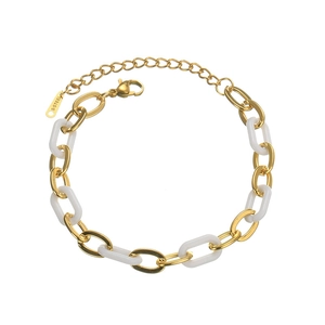 Gold plated stainless steel chain bracelet with white resin links and lobster clasp