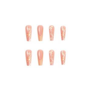 Pink French long ballerina press-on nails with cream floral designs and glossy finish