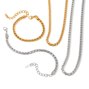 Flat Cuban link necklace and bracelet set in gold and silver stainless steel