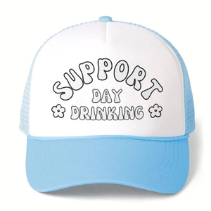 Blue and white trucker hat with Support Day Drinking print on a white mesh back panel