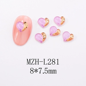 Pink and gold heart resin nail art charms with dimensions 8x7.5mm on white background