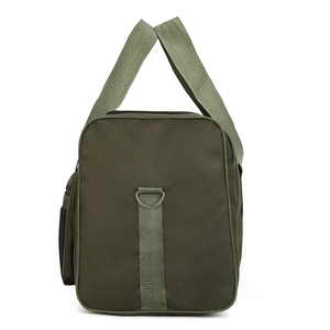 Detail view of army green canvas travel bag showing sturdy handles and mesh side pocket