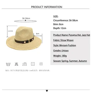 Panama straw hat with raw edges, black band and gold buckle, size 56-58cm for summer