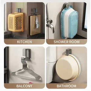 Wall-mounted stainless steel hooks for basins and kitchen tools in four-grid home scenes