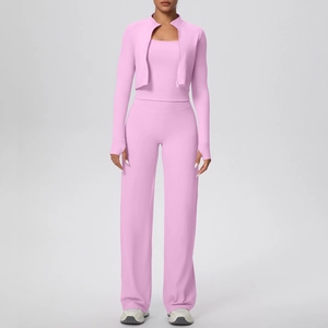 Ensemble de yoga rose 3 pièces avec veste zippée, débardeur et pantalon large fluide