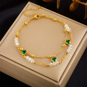 Vintage Gold Stainless Steel Double Layer Anklet With Green Heart Pendants And Beads Fashion Foot Jewelry For Women Daily