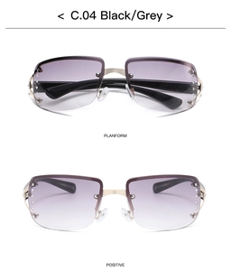 Detail of rimless square sunglasses with rhinestone edges and black grey gradient lenses