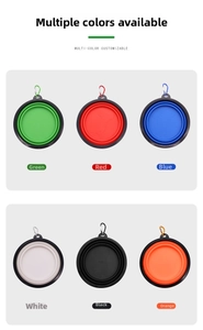 Collapsible silicone pet bowls in six colors featuring embossed patterns and metal carabiners
