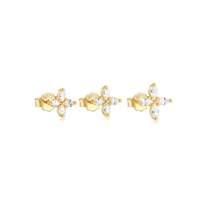 Detailed view of three sizes of gold S925 silver flower earrings with clear zircon stones