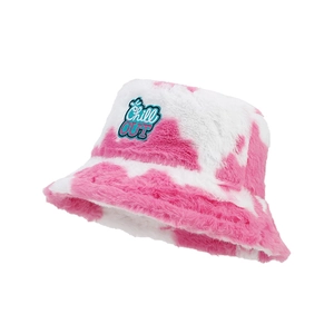 Pink and white plush bucket hat featuring a Chill OUT embroidery on white background