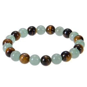 Detailed view of natural tiger eye and green crystal beaded bracelet for wealth and success