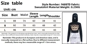 Size chart showing bust, waist, and length measurements for the cropped hoodie top