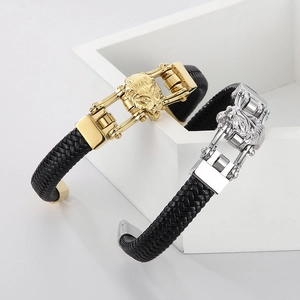 Men's braided leather bracelet with lion head clasp in gold and silver finish