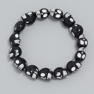 Gothic black skull beaded bracelet with high-gloss finish for men and women