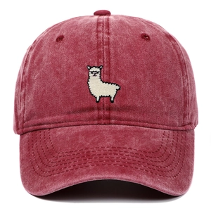 Vintage washed red baseball cap with alpaca embroidery and curved brim for outdoor sun protection