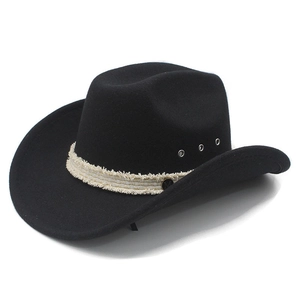 Black western felt cowboy hat with raw-edge ribbon band and metal M logo detail
