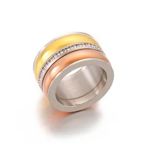 Triple Tone Wide Band Ring Stainless Steel Zircon Inlaid Street Fashion Jewelry For Women