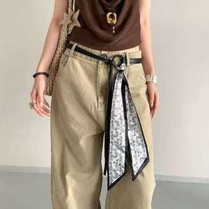 Bohemian black leather waist belt with a paisley silk scarf and fringe tassels for women
