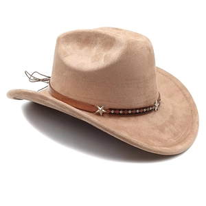Detail of khaki faux suede cowboy hat featuring star studs and leather band trim