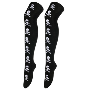 Detail of black thigh-high socks with white pirate skull and crossbones print.