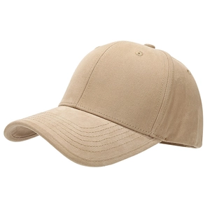 Classic khaki cotton twill baseball cap with six-panel structure and curved brim on white background