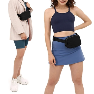 Versatile black nylon waist bag shown as a crossbody pack and belt bag on model