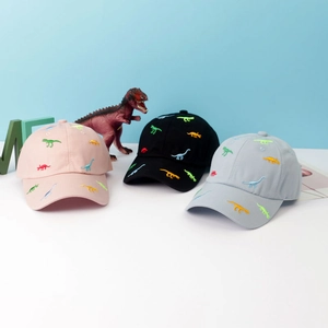 Kids dinosaur embroidery baseball caps in pink black and grey cotton fabric