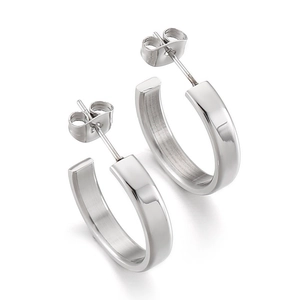 Polished silver stainless steel C-shaped hoop earrings with a sleek mirror finish