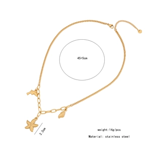 Detail of gold stainless steel necklace showing starfish shell and dolphin charms with size specs