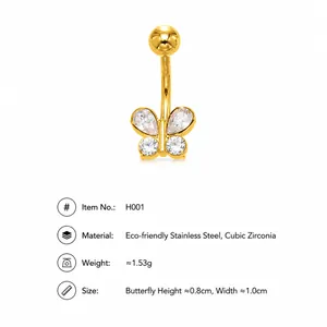 Macro detail of golden butterfly belly ring with zircon inlays and stainless steel dimensions