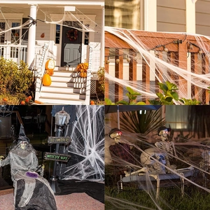 White stretchable Halloween spider web decoration for outdoor spooky house scene setups