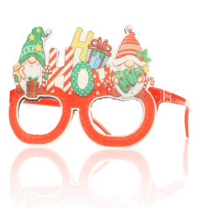 Détail de lunettes de Noël avec texte HoHoHo, gnomes et décoration festive scintillante