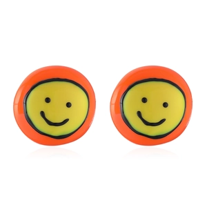 Paire de boucles d'oreilles en cuivre doré avec bordure rouge et motif smiley jaune