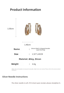 Detailed size specifications for C-shaped gold-plated earrings with zircon and shell