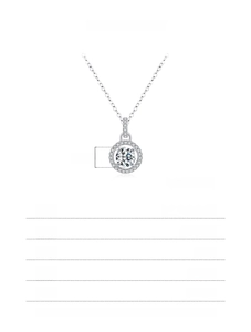 Macro detail of a 1.0ct moissanite pendant on 925 sterling silver chain with dimensions