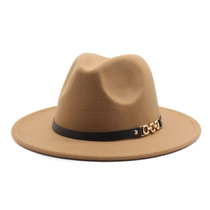 Classic camel wool fedora hat with flat brim and black leather belt featuring gold chain detail
