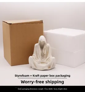 Ghost wizard resin candle holder detail with styrofoam and kraft paper box packaging