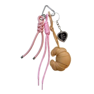 Cartoon leather croissant keychain with pink woven rope and heart photo frame
