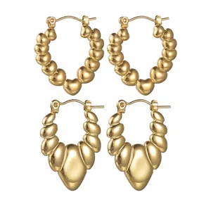 Vintage Stainless Steel Hoop Earrings Textured Chunky Geometric Heart Beaded Simple Gold Plated Jewelry For Women