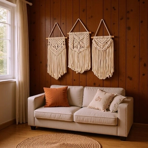 Set of three handmade bohemian cotton tapestries with macrame tassels for wall decor