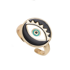 Minimalist evil eye open ring in gold finish with turquoise and white enamel inlay