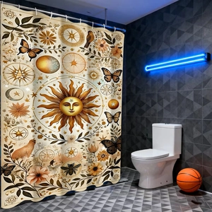 Mystical celestial shower curtain with sun moon and floral pattern in warm beige polyester