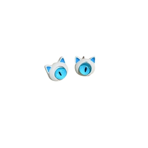 Cute white enamel cat stud earrings with bright blue eyes and minimalist sweet style