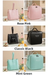 Three colors of waterproof PU insulated lunch bags with hand straps and shoulder straps