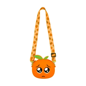 Orange silicone crossbody bag with sad face emoji and green leaf for children
