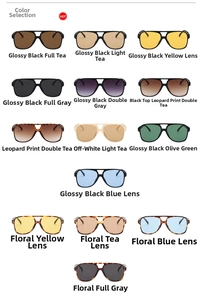 Detailed catalog of aviator sunglasses showing various frame colors and lens tints in a grid